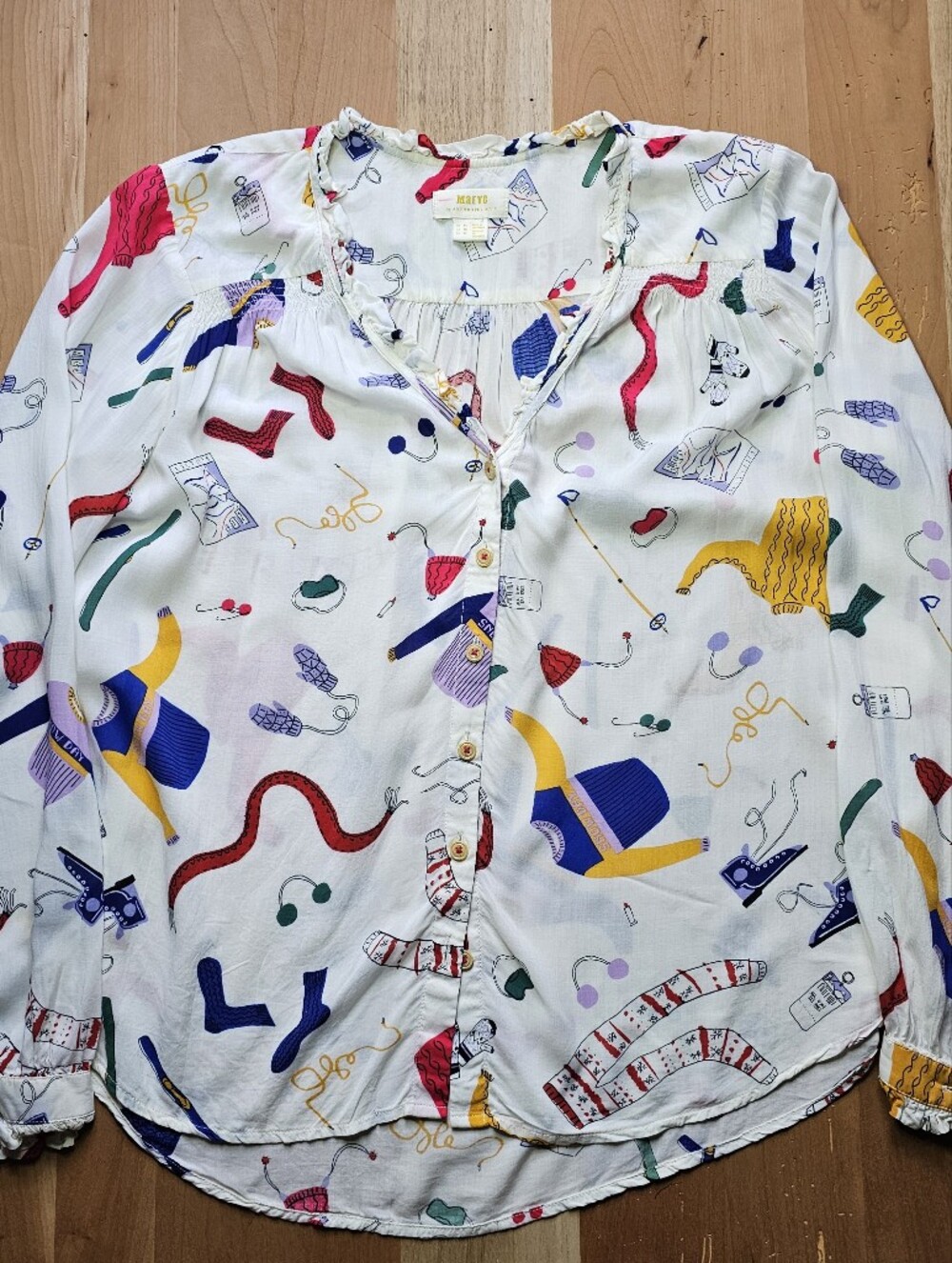 Maeve Anthropologie Marisol Button Up Ruffled Ski Winter Print Blouse Size US 10